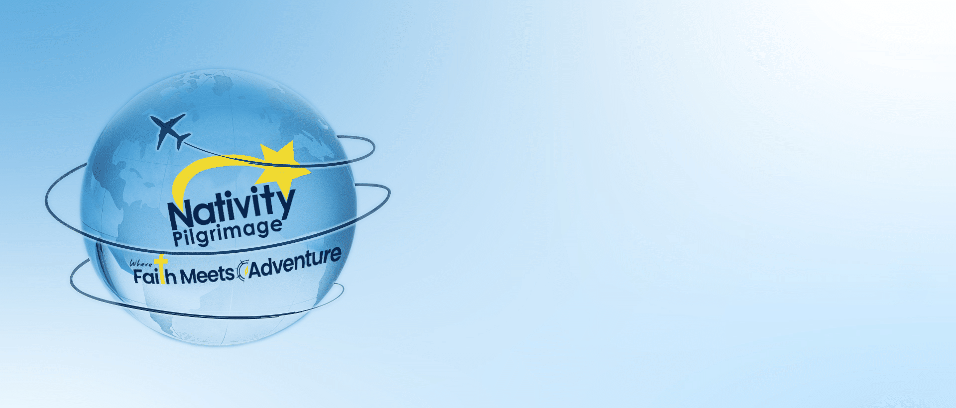blue background with a globe and plane flying around it with the Nativity Pilgrimage Logo
