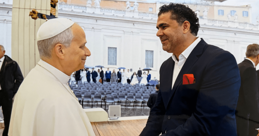 Pope Leo XIV Feb 18, 2026 Nativity CEO Khaled Jacoub with Pope Leo XIV Feb 18, 2026