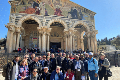 Pilgrims in front of the Church Of All Nations in Jerusalem Pilgrims in front of the Church Of All Nations in Jerusalem