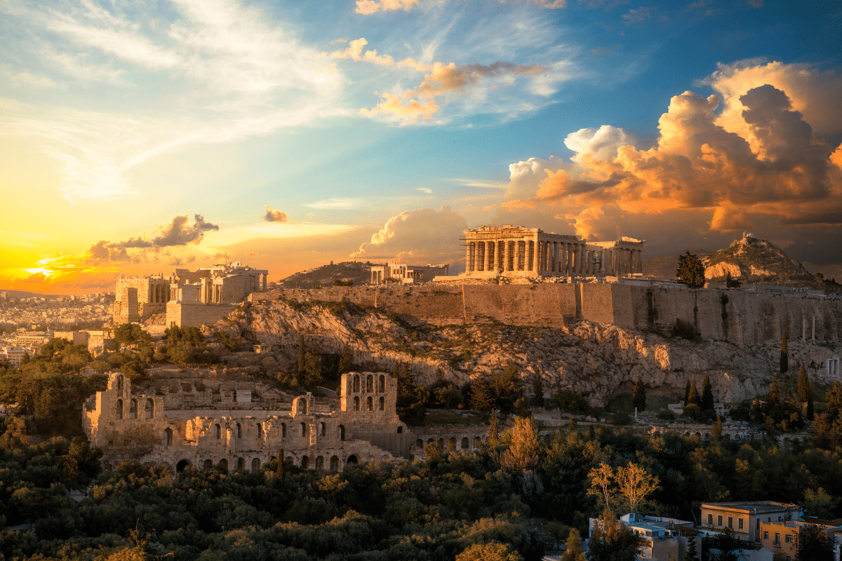 Panoramic view of Athens, Greece featuring the Acropolis and Parthenon
