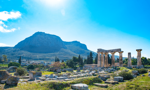 the Temple of Apollo located within the archaeological site of Ancient Corinth in Greece.