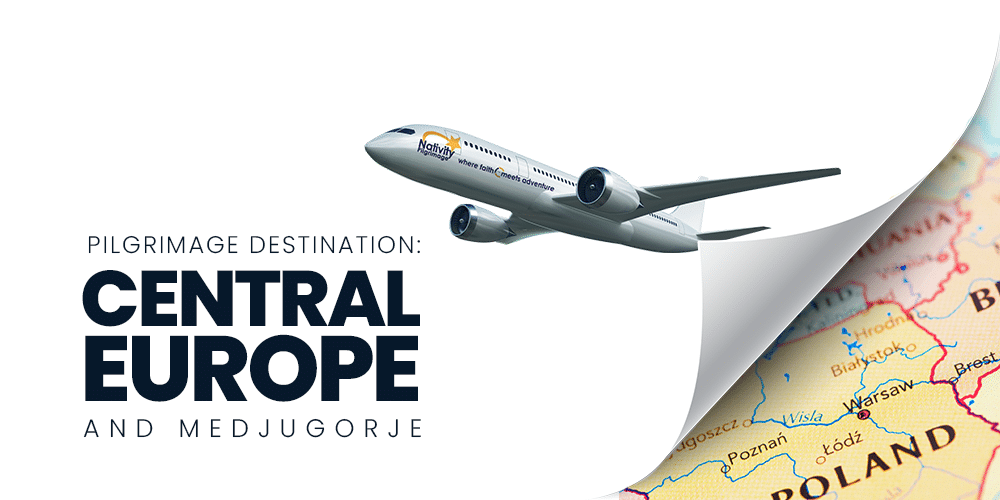 Picture of a plane pulling back a page to reveal a map of Poland and the words, "PILGRIMAGE DESTINATION: CENTRAL EUROPE AND MEDJUGORJE."