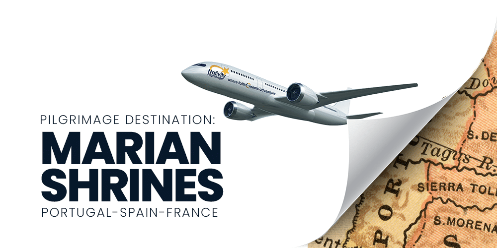 Destination Marian Shrines Picture of a plane pulling back a page to reveal a map of Portugal and the words, "PILGRIMAGE DESTINATION: MARIAN SHRINES PORTUGAL-SPAIN-FRANCE."