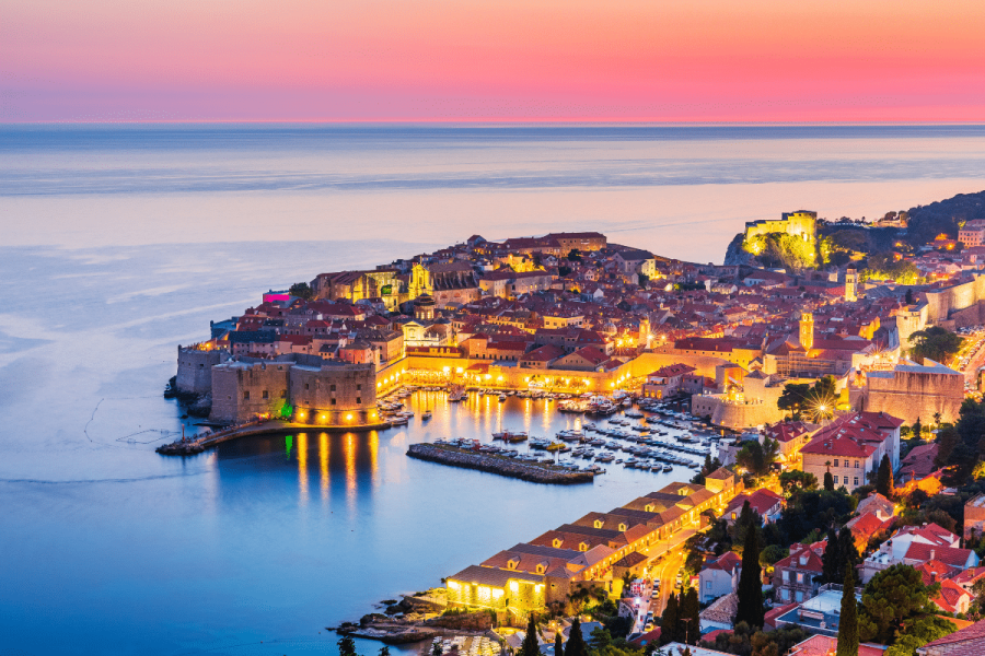 a beautiful panoramic view of Dubrovnik, Croatia at sunset