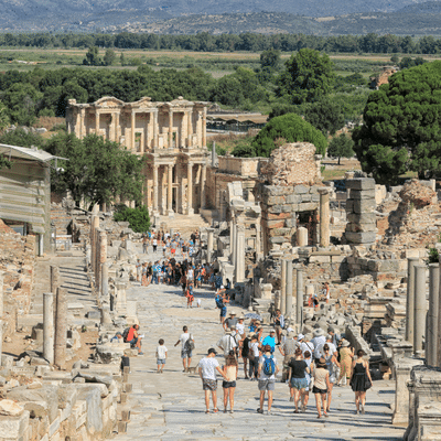 Pilgrims walking around the ancient ruins of Ephesus, Turkey