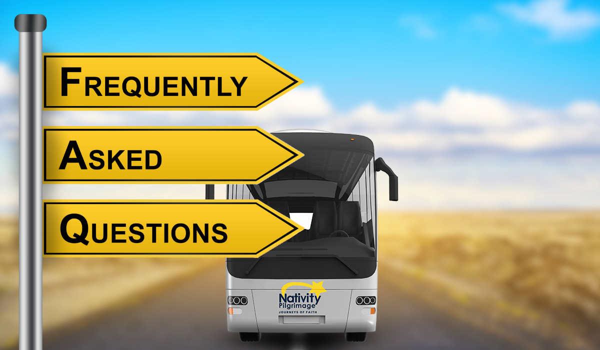 FAQ Graphic Nativity tour bus approaching a road sign that reads, "Frequently Asked Questions"