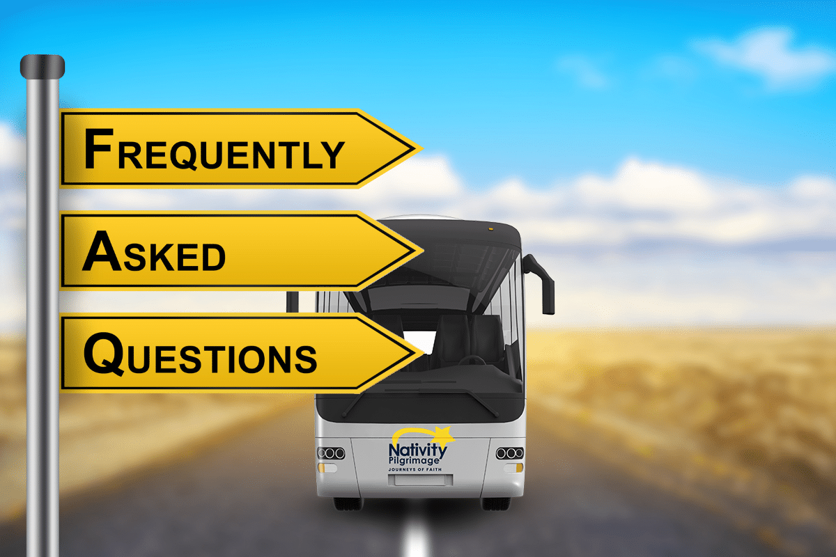 FAQ Graphic Nativity tour bus approaching a road sign that reads, "Frequently Asked Questions"