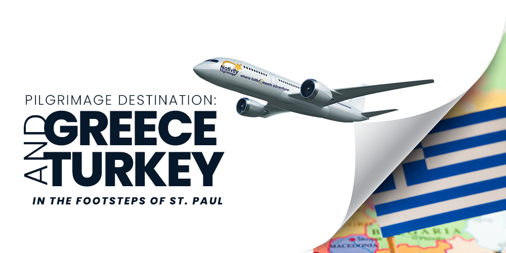 Grecia y Turquía Graphic with airplane pulling back page revealing map of Greece and the words "Pilgrimage Destination: Greece & Turkey"