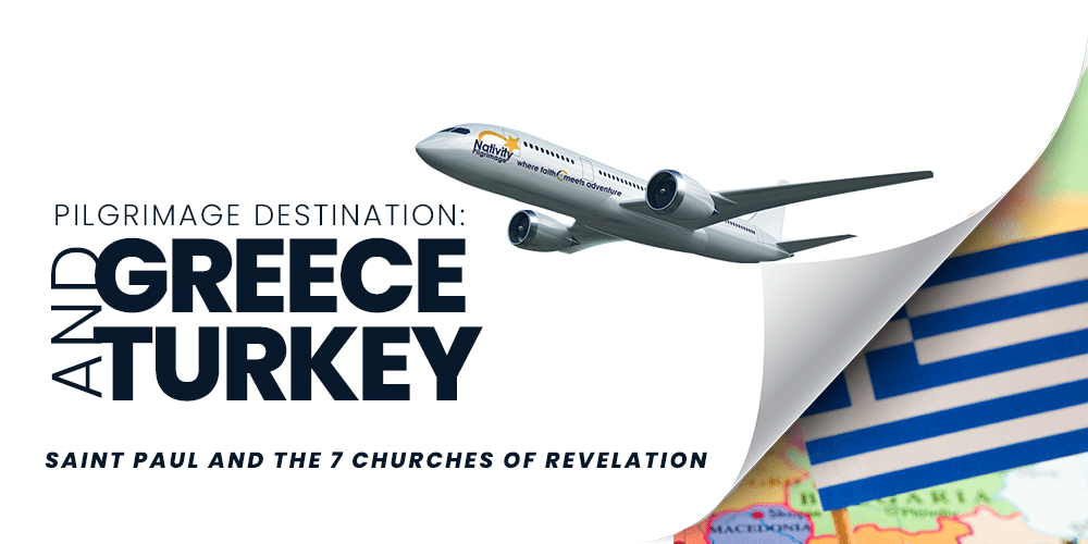 Graphic with airplane pulling back page revealing map of Greece and the words "Pilgrimage Destination: Greece & Turkey"