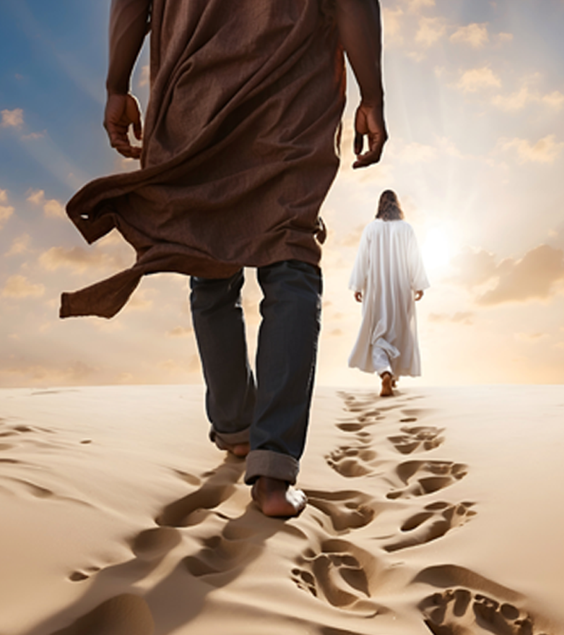 person walking behind Jesus following in His footsteps