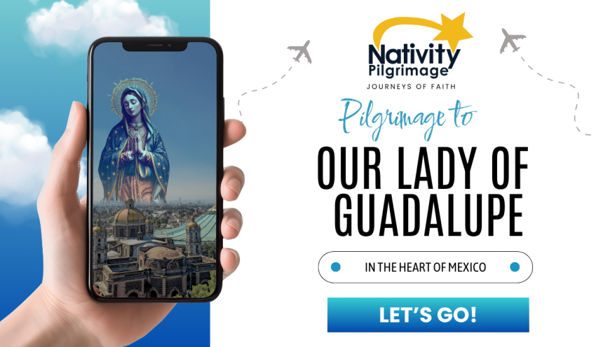 MÉXICO Graphic with a hand holding a smartphone detailing a Nativity Pilgrimage tour to Our Lady of Guadalupe in Mexico City