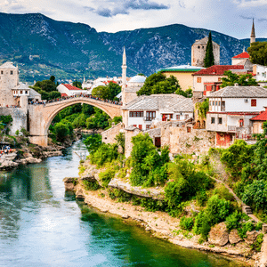 Mostar, Bosnia and Herzegovina. The Old Bridge, Stari Most, with emerald river Neretva.