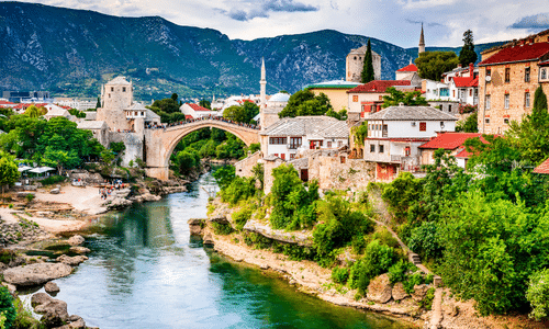 Mostar, Bosnia and Herzegovina. The Old Bridge, Stari Most, with emerald river Neretva.