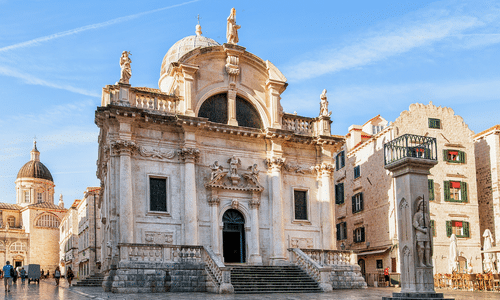 Square at St. Blaise Church and people at Stradun Street in Old Town Dubrovnik, Croatia