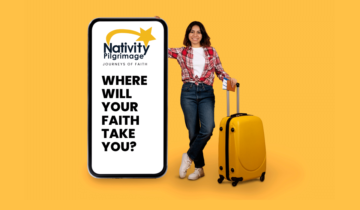 pilgrim standing with a suitcase next to a display with Nativity Logo and the phrase, "Where Will Your Faith Take You?"