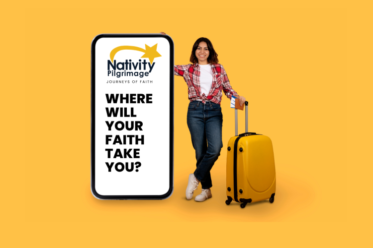 pilgrim standing with a suitcase next to a display with Nativity Logo and the phrase, "Where Will Your Faith Take You?"