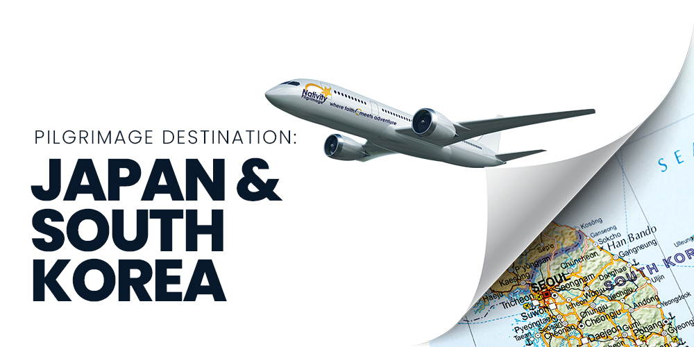 Graphic with airplane pulling back page revealing map of South Korea and the words "Pilgrimage Destination: Japan & South Korea"