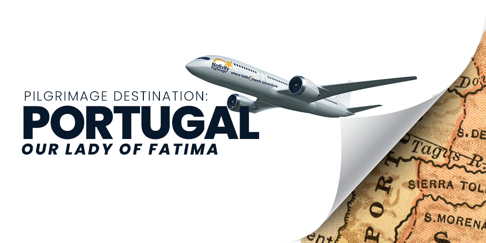 Graphic with airplane pulling back page revealing map of Portugal and the words "Pilgrimage Destination: Portugal"