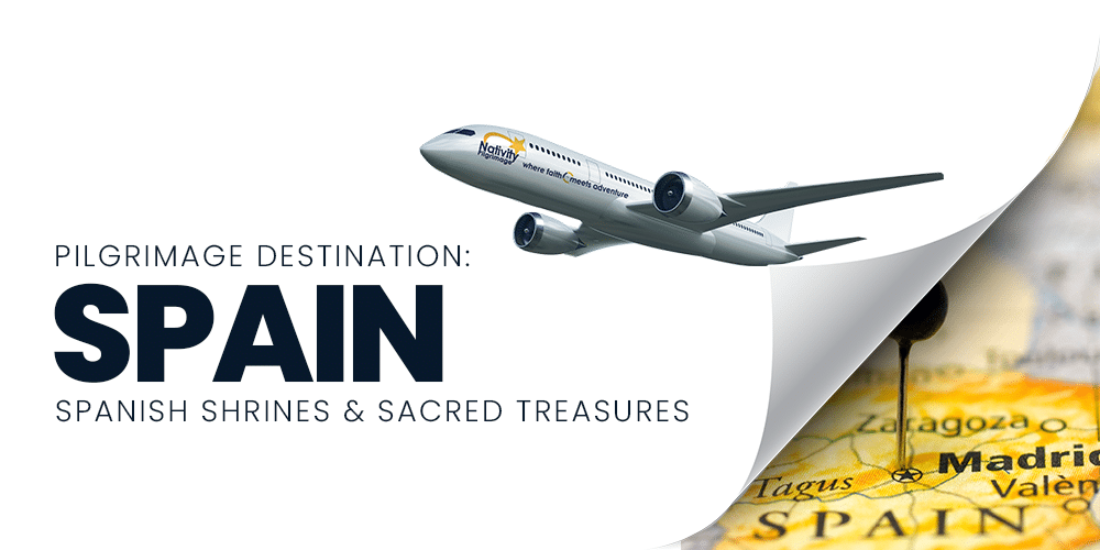 Graphic with airplane pulling back page revealing map of Spain and the words "Pilgrimage Destination: Spain"
