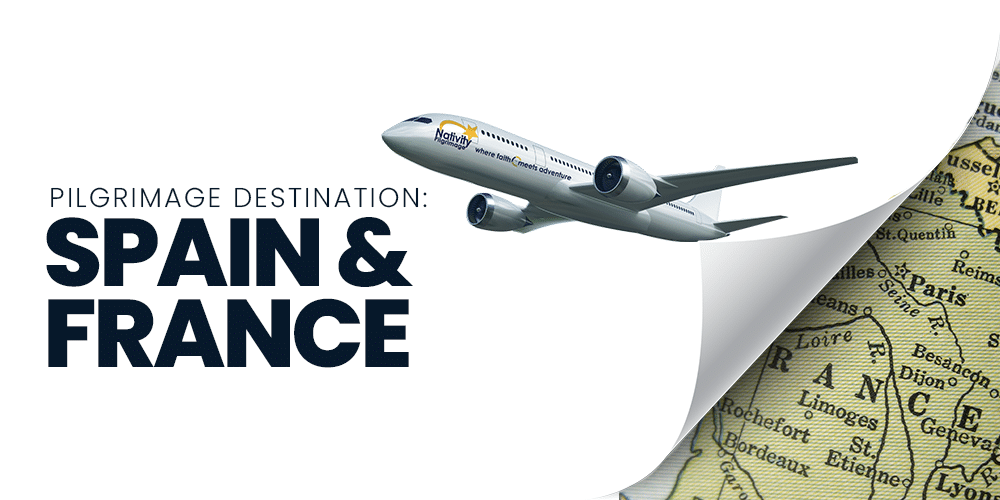 Graphic with airplane pulling back page revealing map of France and the words "Pilgrimage Destination: Spain & France"