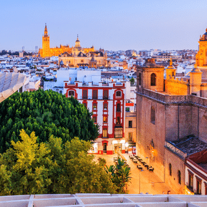 Seville, Spain - Old Town skyline at dusk.