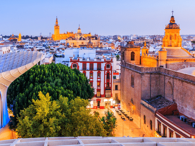 Seville, Spain - Old Town skyline at dusk.