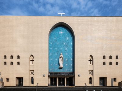 The blue facade of St. Mary Cathedral in Osaka, Japan