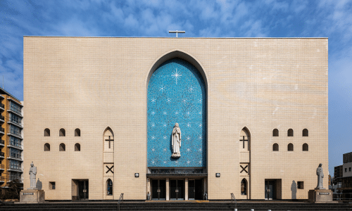 The blue facade of St. Mary Cathedral in Osaka, Japan