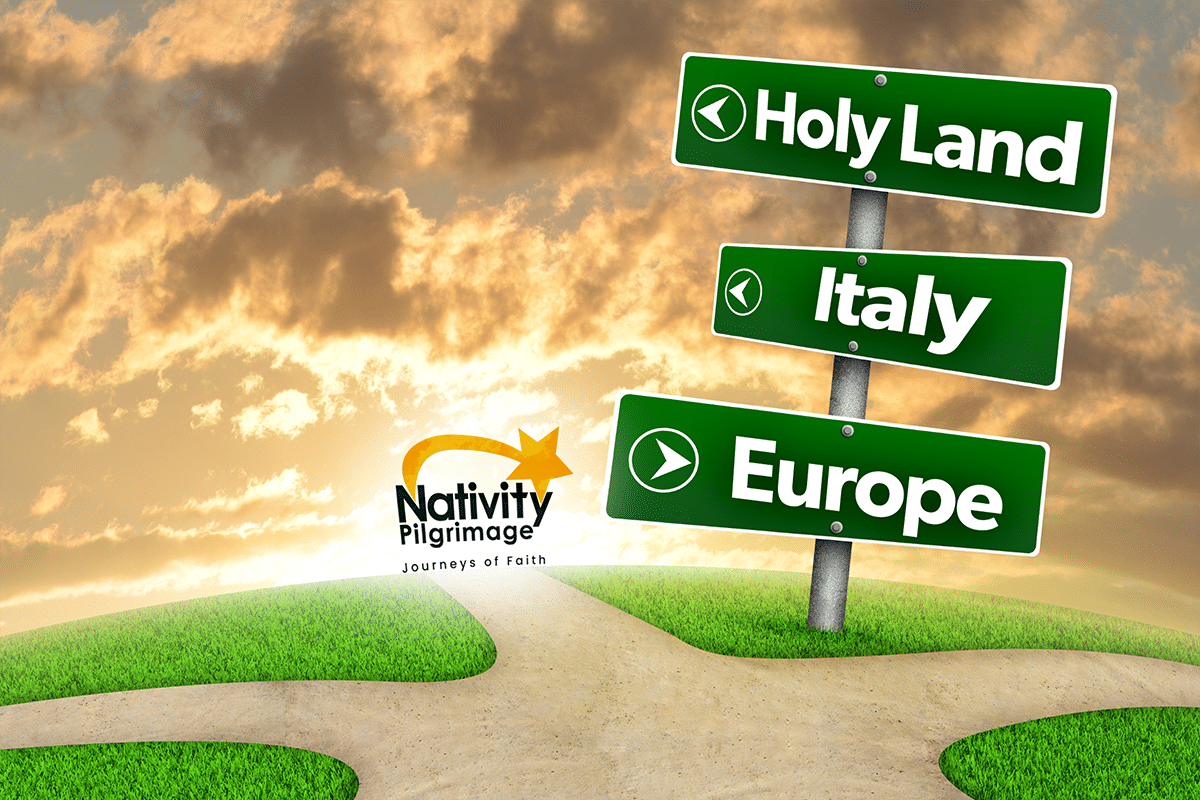 Destination Signs Road signs indicating pilgrimage destinations like the Holy Land, Italy, and Europe.